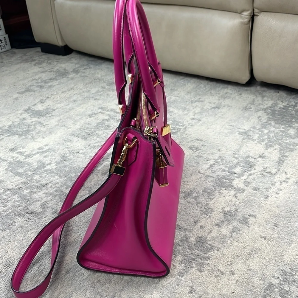 Michael Kors Collection Casey Large Leather Satchel Purse Padlock Bright Pink